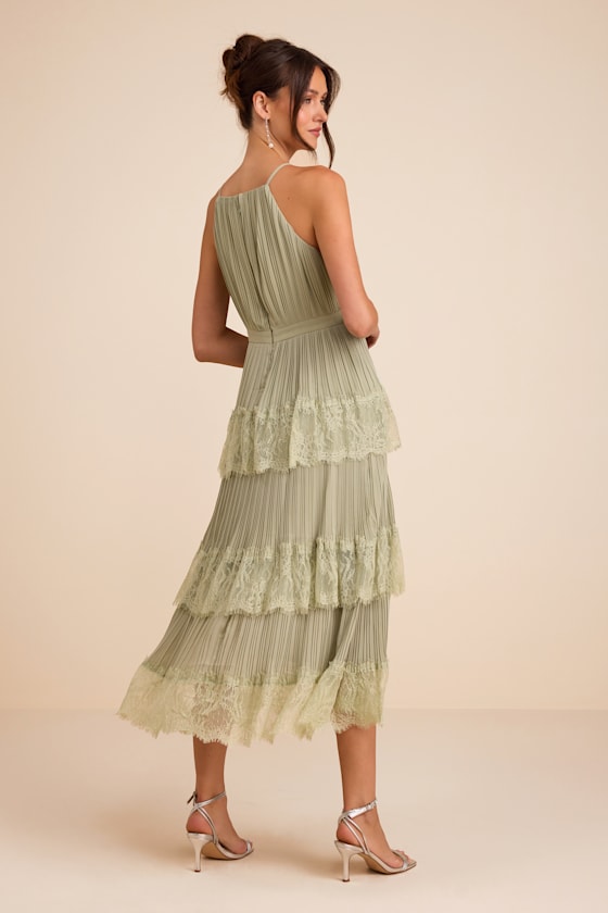 Came For Cocktails Sage Green Pleated Tiered Lace Maxi Dress