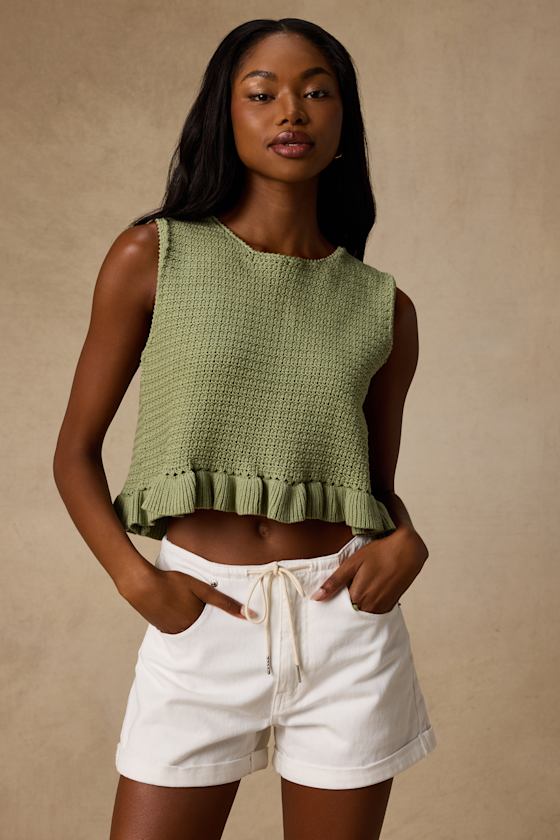 Flouncin' Around Dusty Olive Cropped Ruffled Sweater Tank