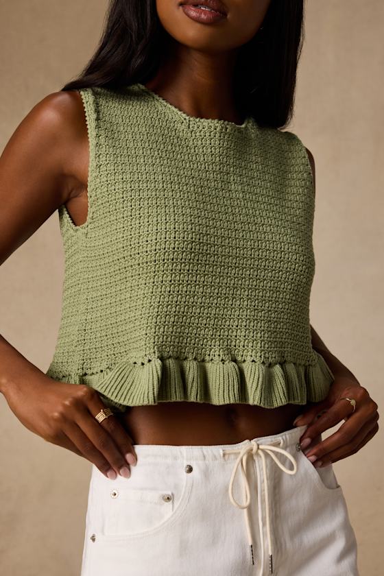 Flouncin' Around Dusty Olive Cropped Ruffled Sweater Tank