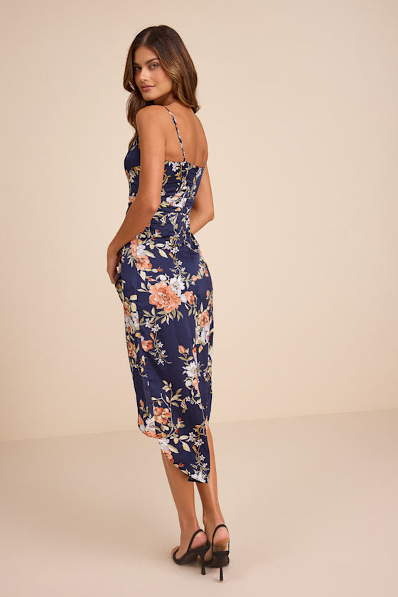 My Favorite Day Navy Blue Floral Print Tulip Skirt Midi Dress