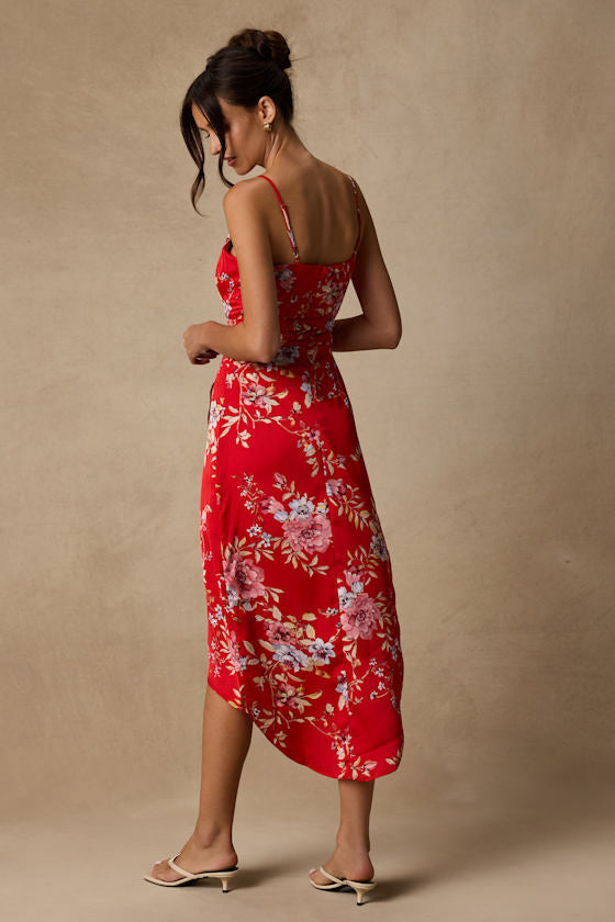 My Favorite Day Red Floral Print Tulip Skirt Midi Dress