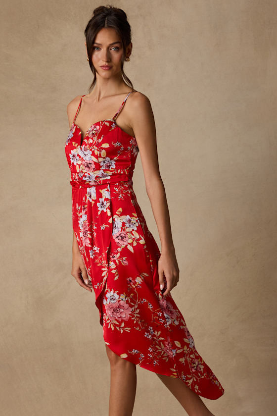 My Favorite Day Red Floral Print Tulip Skirt Midi Dress