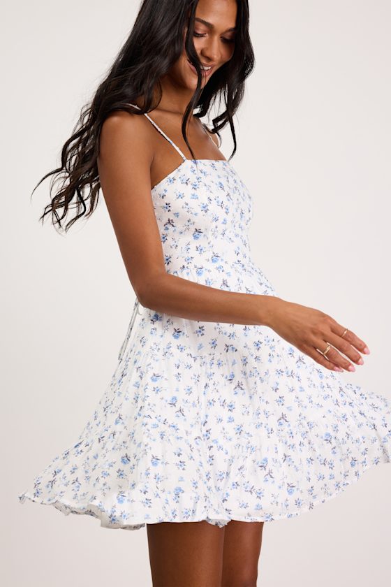 So Effortless White Floral Print Swiss Dot Tie-Back Mini Dress