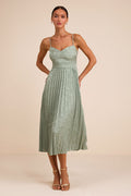Regal Romance Sage Floral Jacquard Pleated Satin Midi Dress