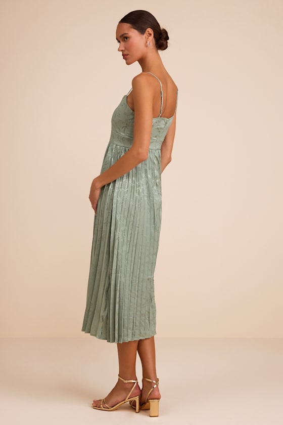 Regal Romance Sage Floral Jacquard Pleated Satin Midi Dress