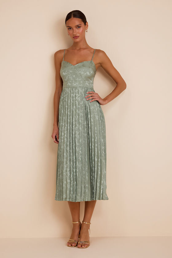 Regal Romance Sage Floral Jacquard Pleated Satin Midi Dress