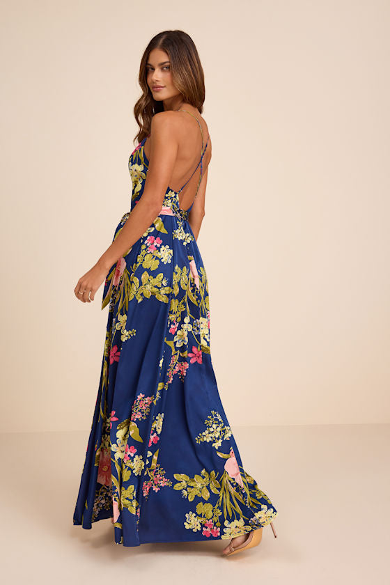 Still the One Blue Floral Print Satin Maxi Dress