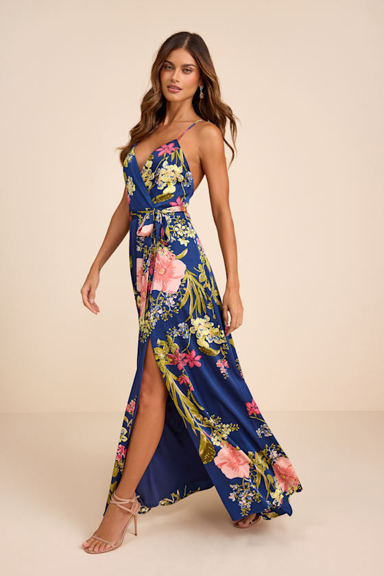 Still the One Blue Floral Print Satin Maxi Dress