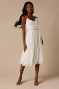 Never a Dull Moment White Tie-Strap Pleated Midi Dress