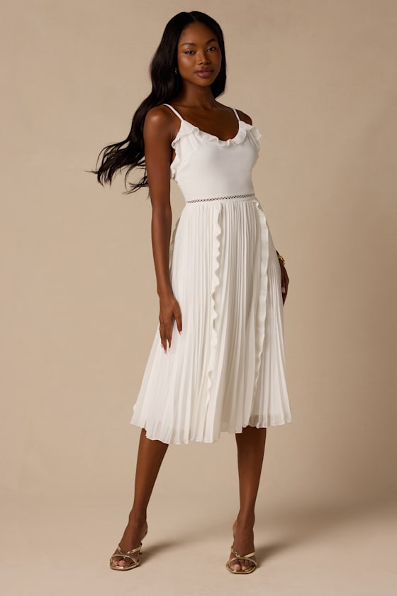Never a Dull Moment White Tie-Strap Pleated Midi Dress