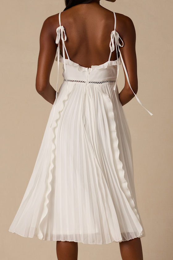 Never a Dull Moment White Tie-Strap Pleated Midi Dress