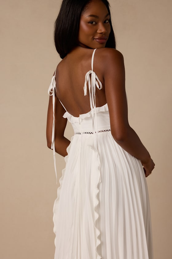 Never a Dull Moment White Tie-Strap Pleated Midi Dress