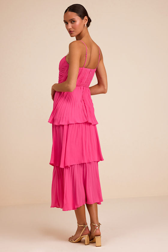 Cascading Crush Hot Pink Tiered Midi Dress