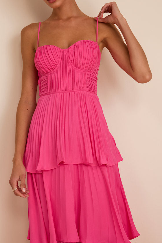 Cascading Crush Hot Pink Tiered Midi Dress
