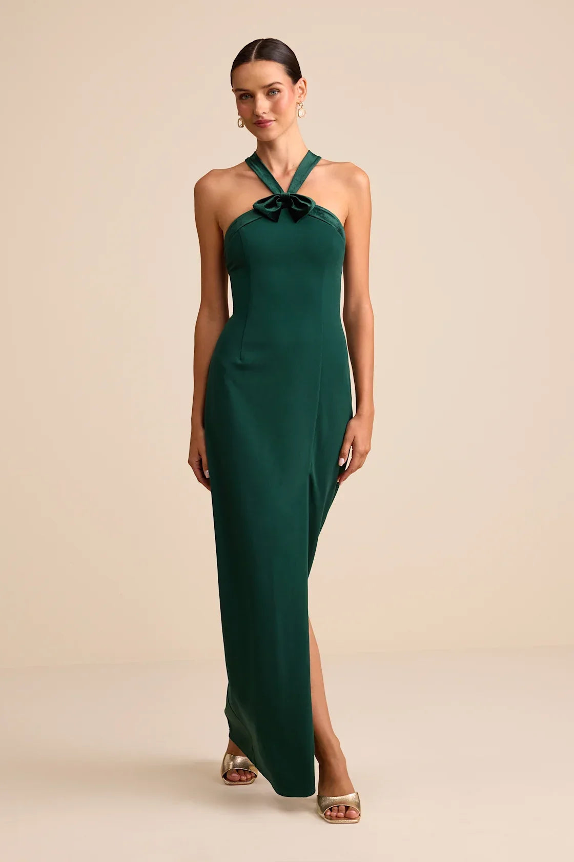 Bisian Green Velvet Bow Backless Apron Maxi Dress