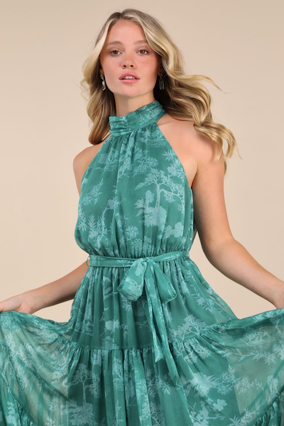 Float to You Green Floral Print Halter Tiered Midi Dress