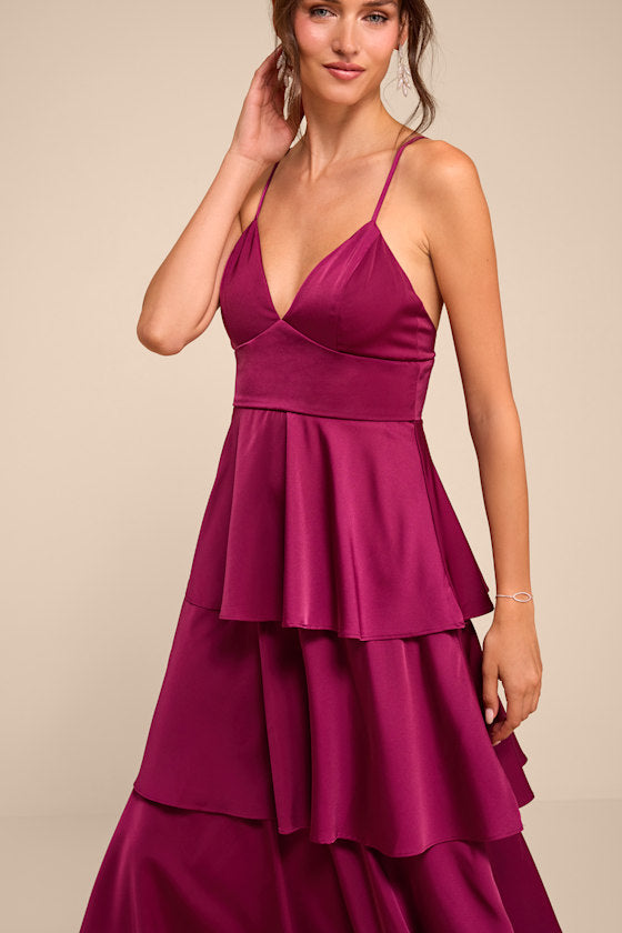 Going with Elegance Plum Purple Satin Tiered Gown