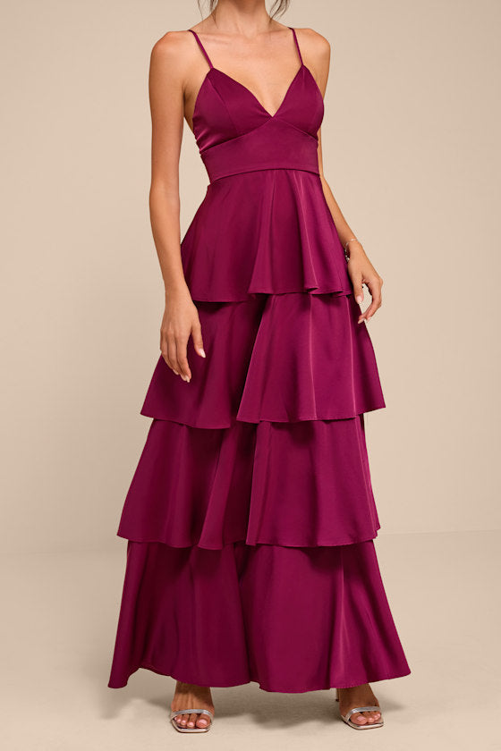 Going with Elegance Plum Purple Satin Tiered Gown