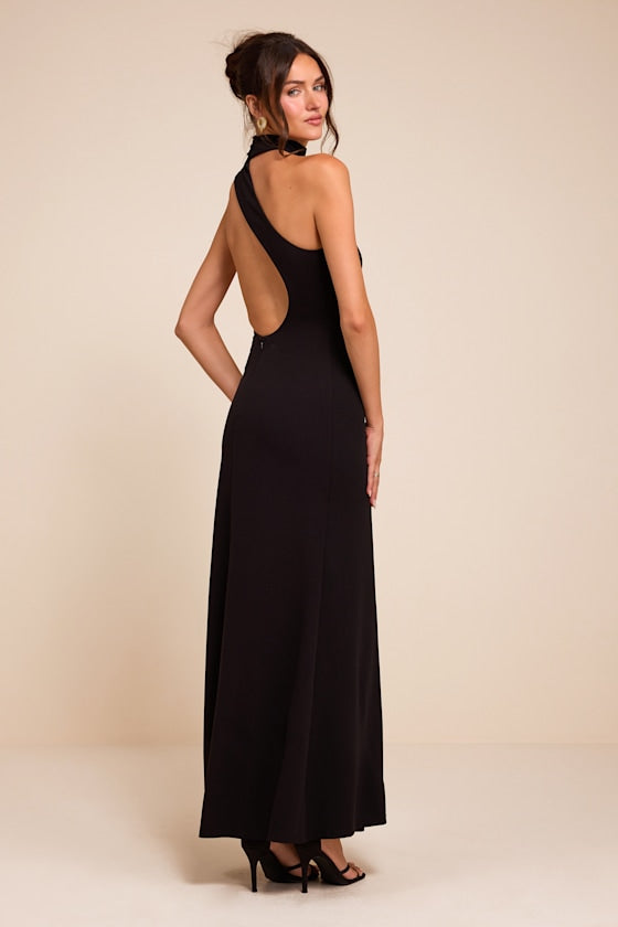 Keep It Interesting Black Asymmetrical Cutout Halter Maxi Dress