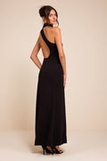 Keep It Interesting Black Asymmetrical Cutout Halter Maxi Dress