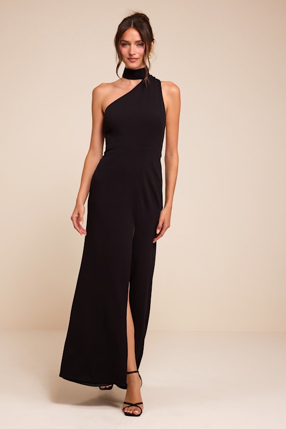 Keep It Interesting Black Asymmetrical Cutout Halter Maxi Dress