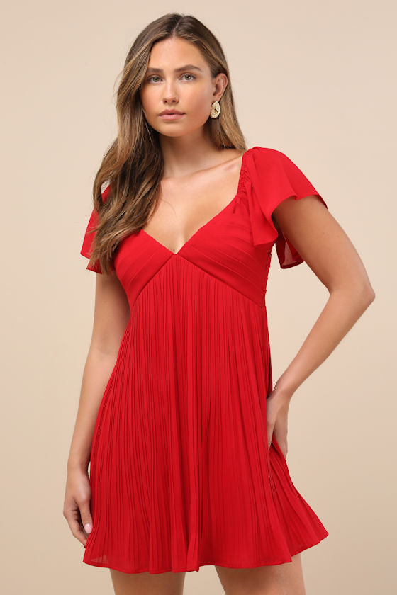 Amalfi Coast Wine Red Pleated Flutter Sleeve Mini Dress