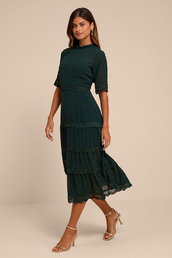 Dreaming of You Emerald Green Swiss Dot Midi Dress