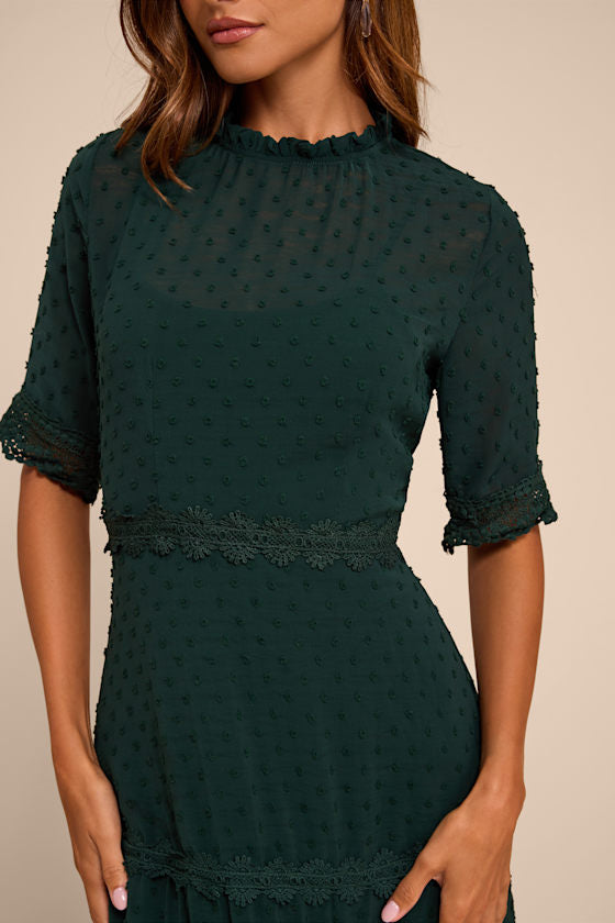 Dreaming of You Emerald Green Swiss Dot Midi Dress