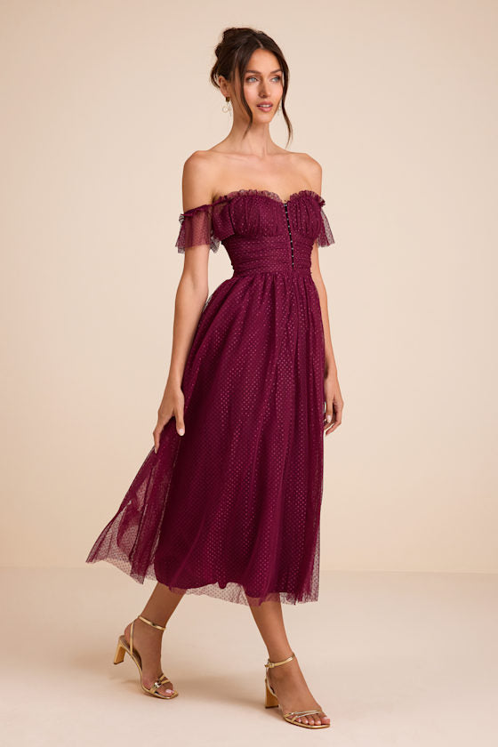 Regal Radiance Burgundy Tulle Bustier Midi Dress