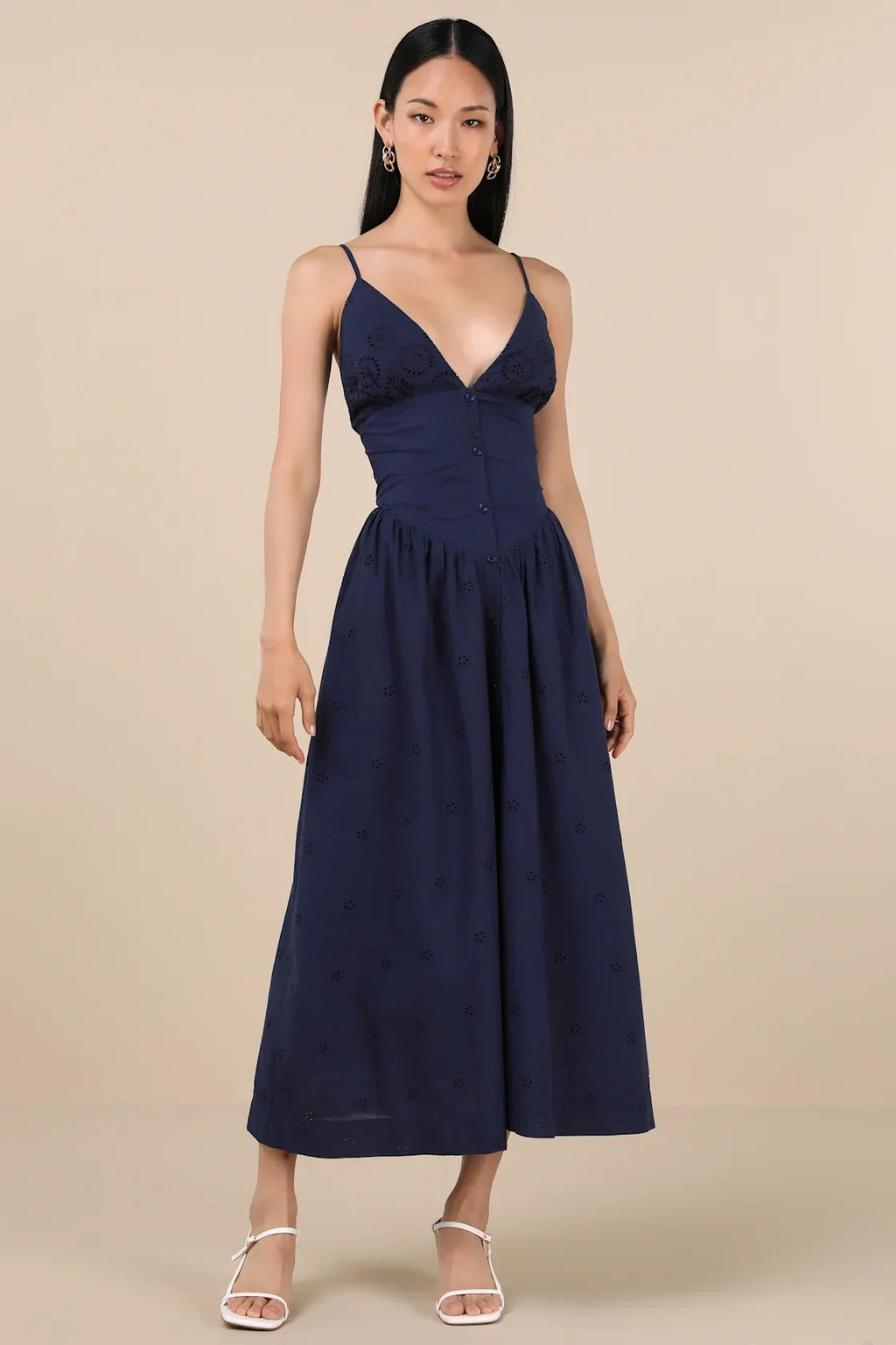 Zahrah Navy Eyelet Embroidered Button-Front Midi Dress