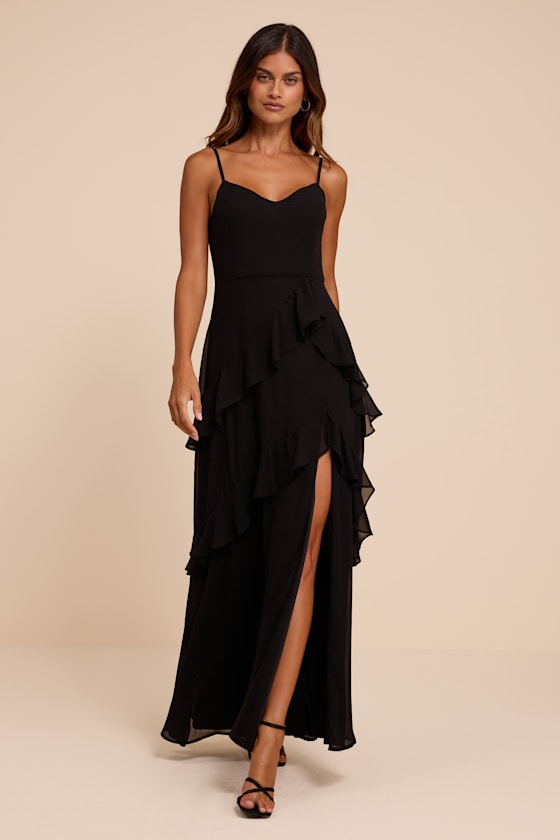 Blessed with Beauty Black Ruffled Sleeveless Maxi Dress