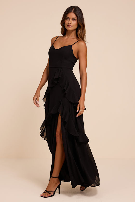 Blessed with Beauty Black Ruffled Sleeveless Maxi Dress