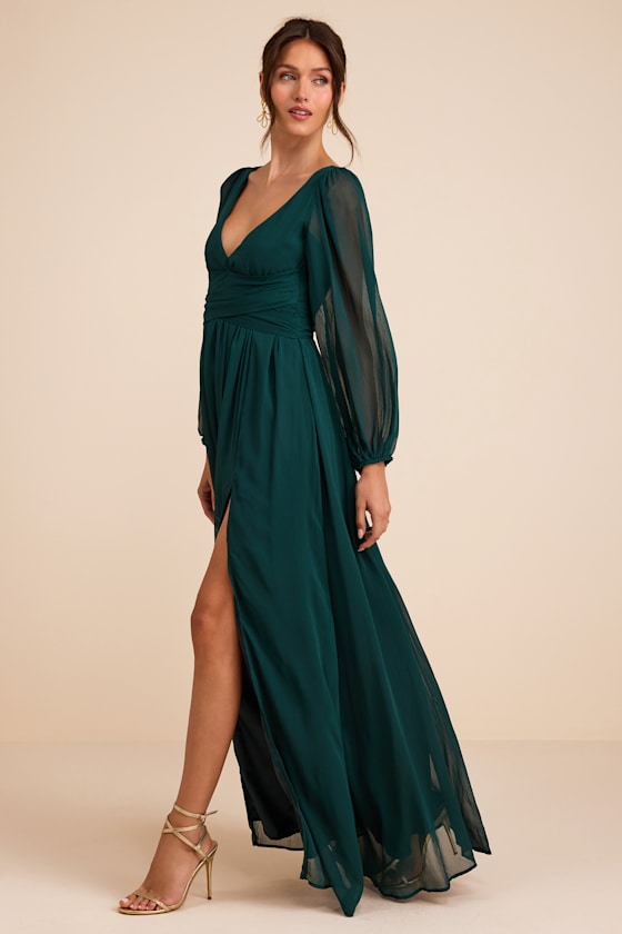 Enchant My Love Emerald Green V-Neck Long Sleeve Maxi Dress