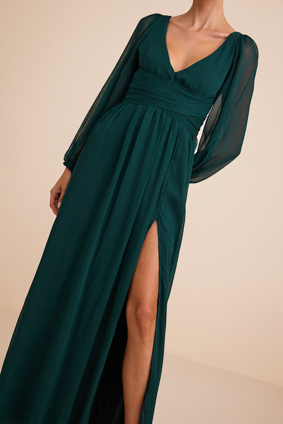 Enchant My Love Emerald Green V-Neck Long Sleeve Maxi Dress