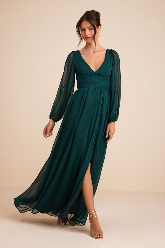 Enchant My Love Emerald Green V-Neck Long Sleeve Maxi Dress