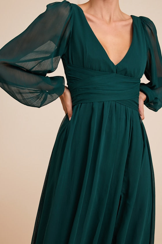 Enchant My Love Emerald Green V-Neck Long Sleeve Maxi Dress