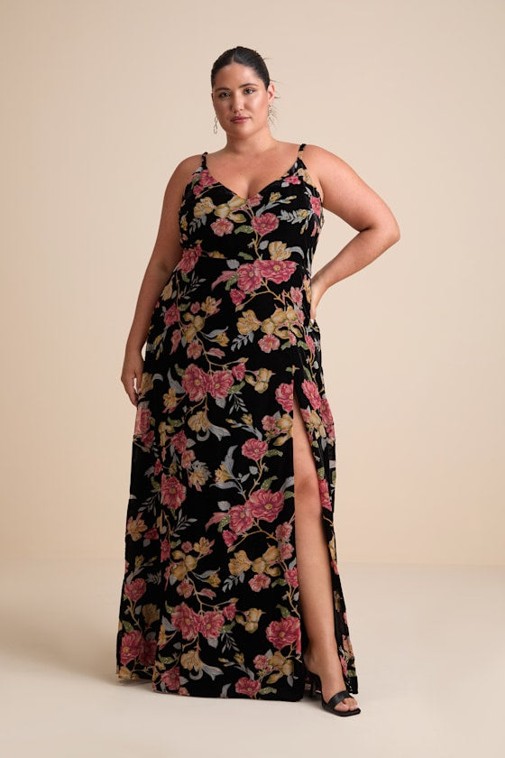 Alluring Blooms Black Floral Burnout Velvet Maxi Dress