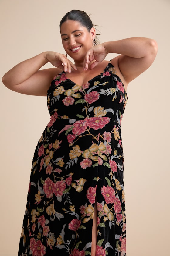 Alluring Blooms Black Floral Burnout Velvet Maxi Dress