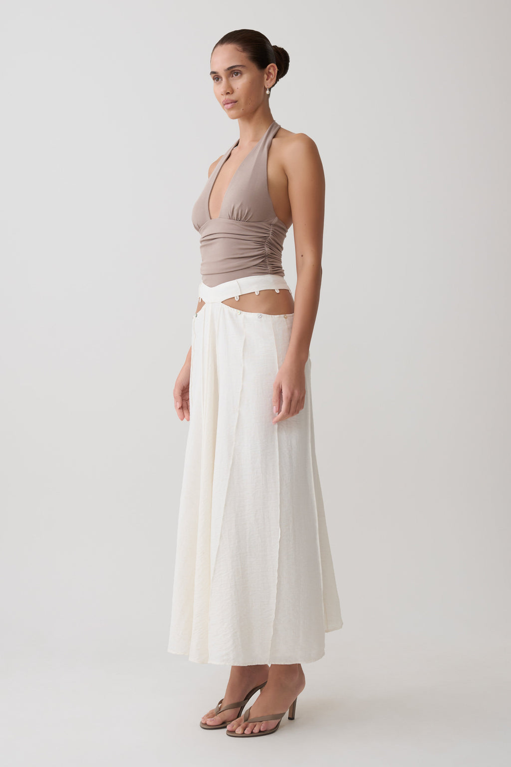 Claire Pearl Button Midi Skirt - White