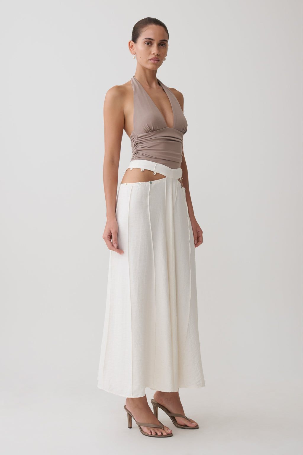 Claire Pearl Button Midi Skirt - White