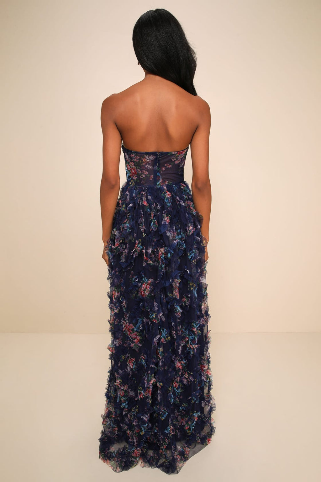 Stunning Element Pink Floral Mesh Ruffled Strapless Maxi Dress