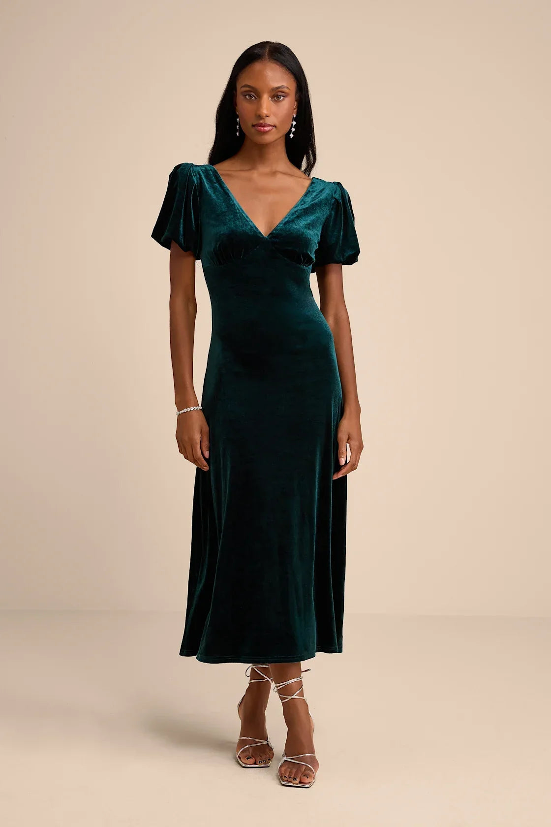 Obrissa Emerald Velvet Puff Sleeve Tie-Back Midi Dress