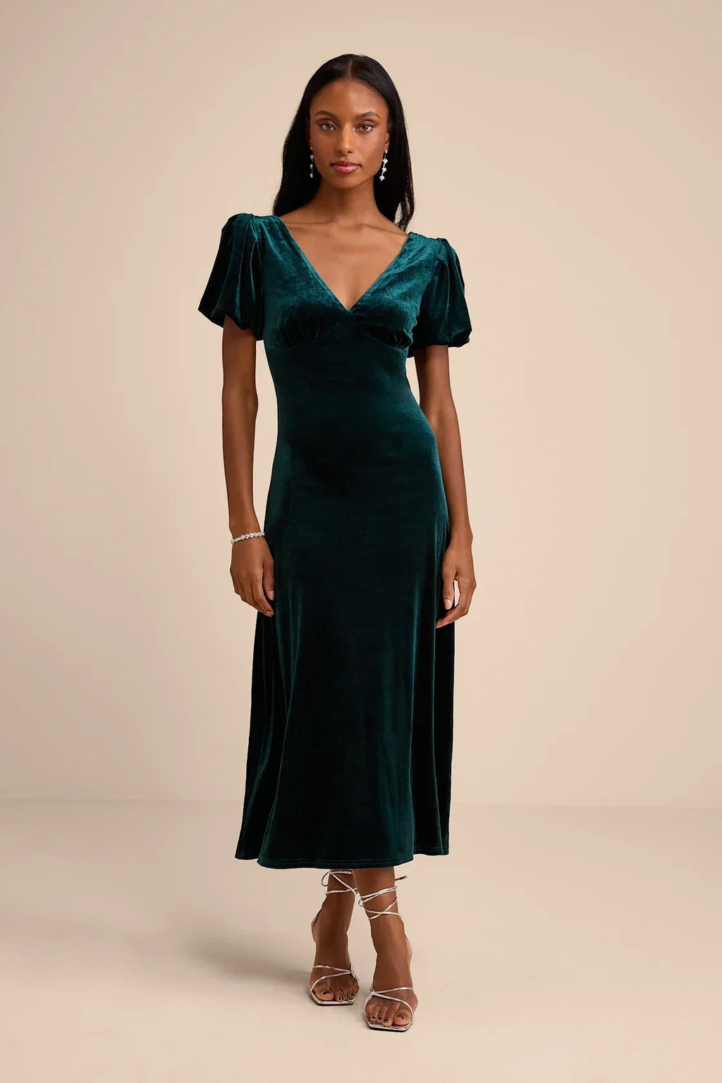 Obrissa Emerald Velvet Puff Sleeve Tie-Back Midi Dress