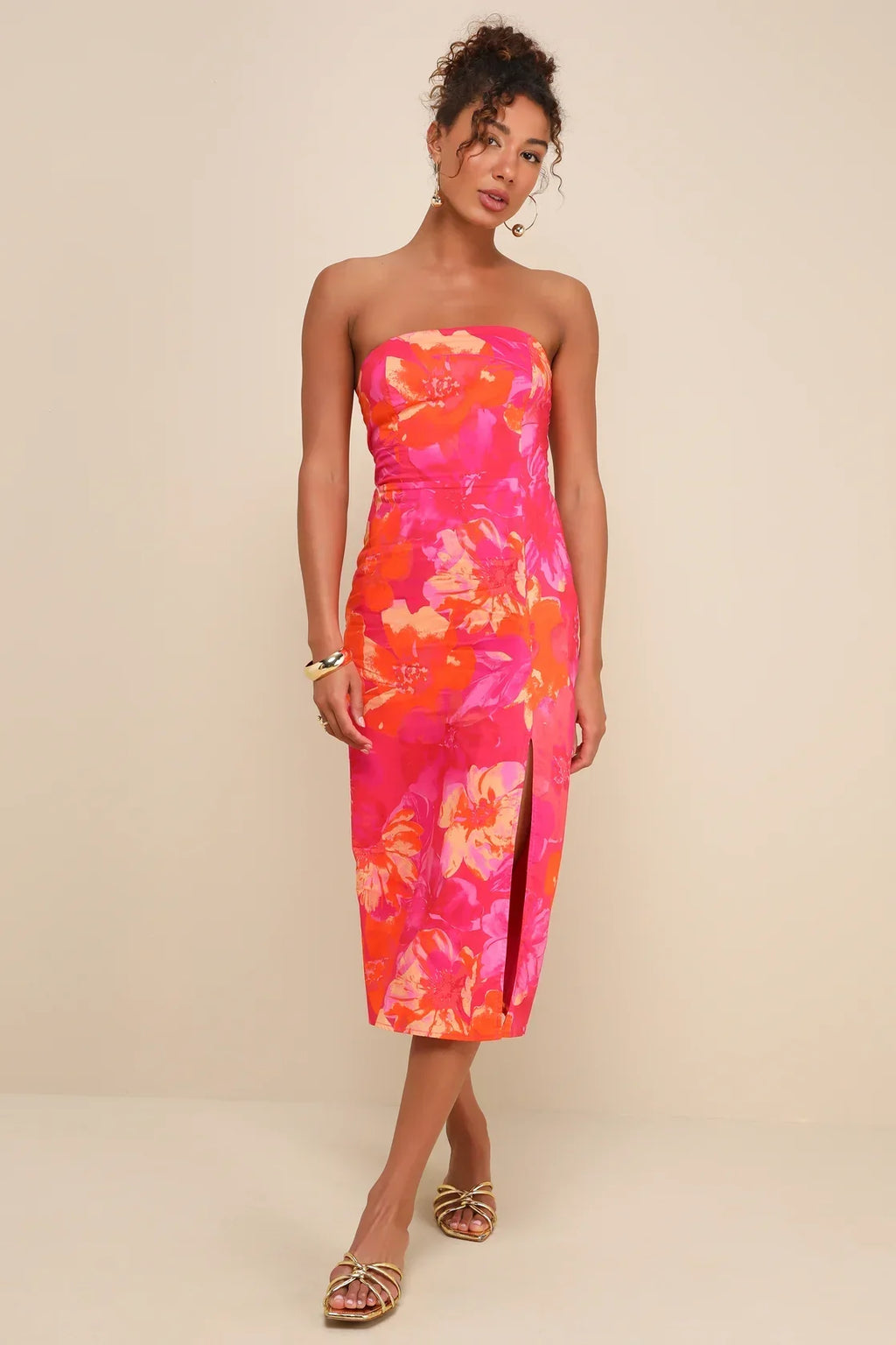 Bold Tendencies Fuchsia Floral Strapless Cutout Midi Dress