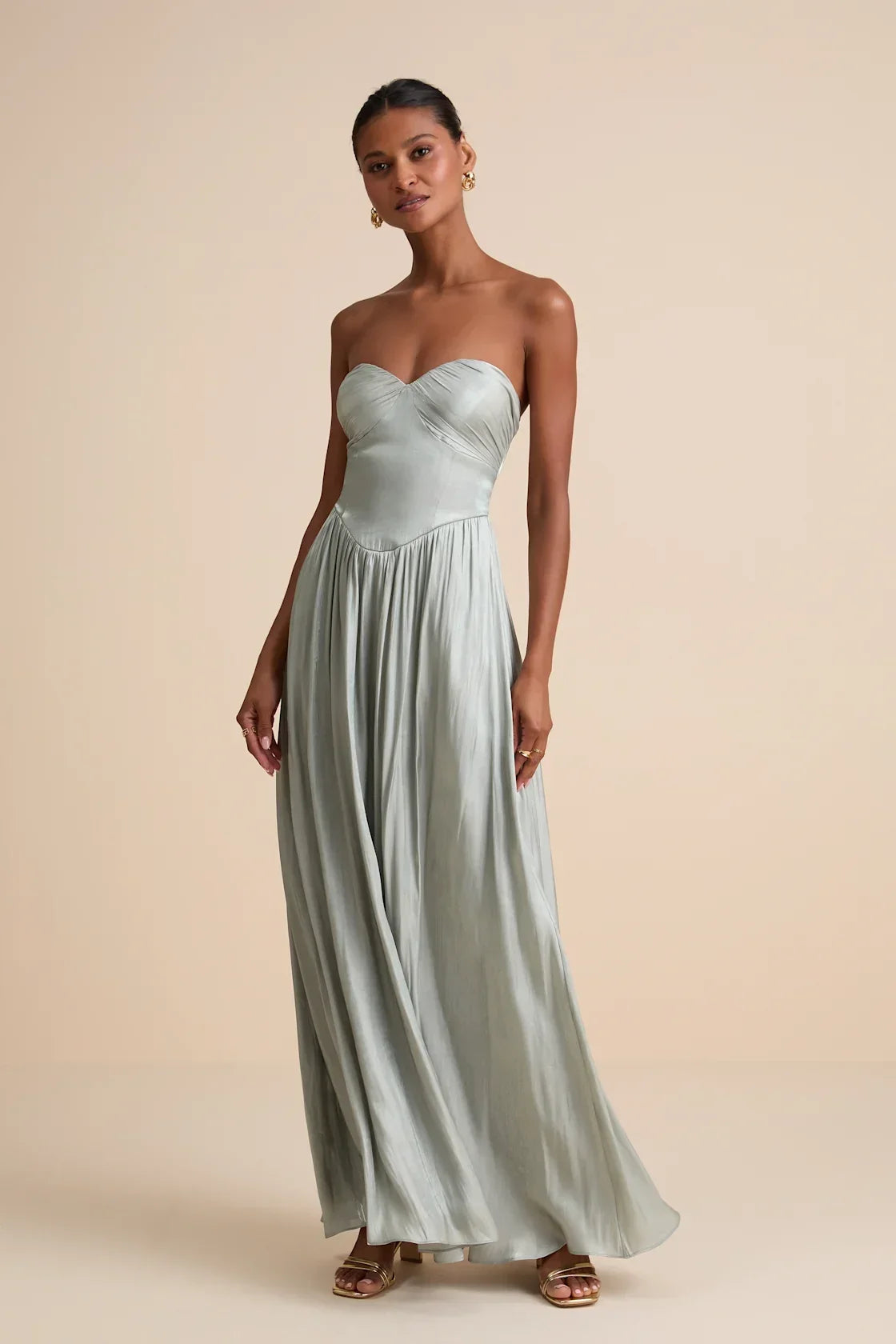 Kylin Sage Satin Basque Waist Maxi Dress