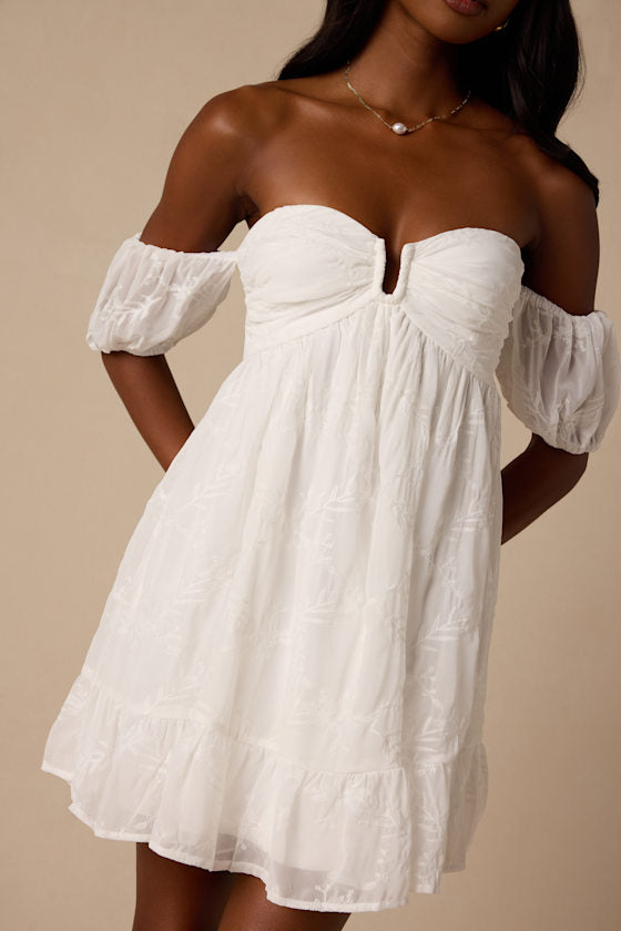 Cutest Icon White Embroidered Off-the-Shoulder Mini Dress