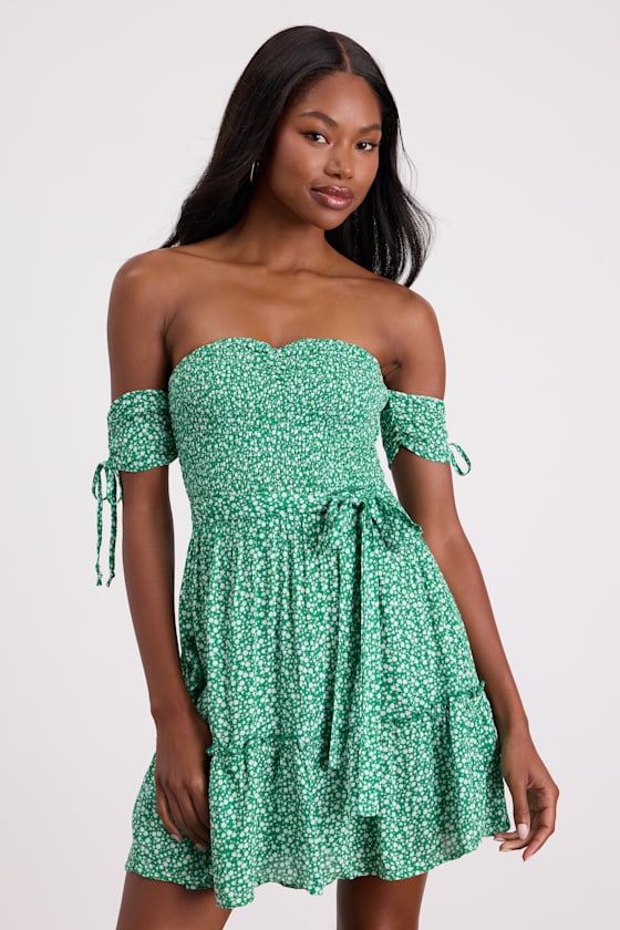 Sweetest Feelings Green Floral Off-the-Shoulder Mini Dress