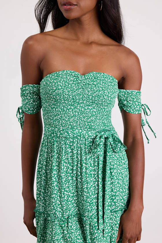 Sweetest Feelings Green Floral Off-the-Shoulder Mini Dress