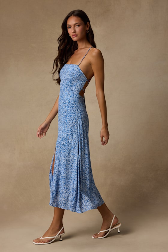 Charming Dedication Blue Floral Sleeveless Lace-Up Midi Dress