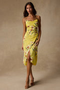 Sunny Blossom Yellow Floral Print Satin Cowl Neck Midi Dress